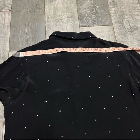VTG 90s Quaker Factory Black Silk Crystal Soarkle Dot Popover Button Up Tunic S - Picture 7 of 11